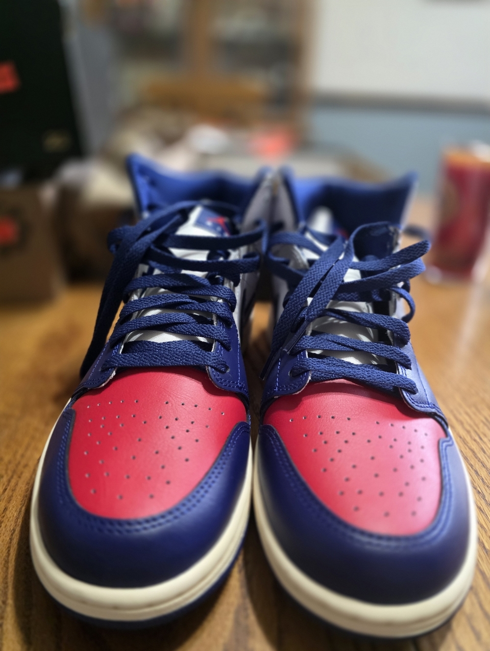 Jordan 1 Mid, Size 11 Blue and Red Low-Top Sneakers Brand New!